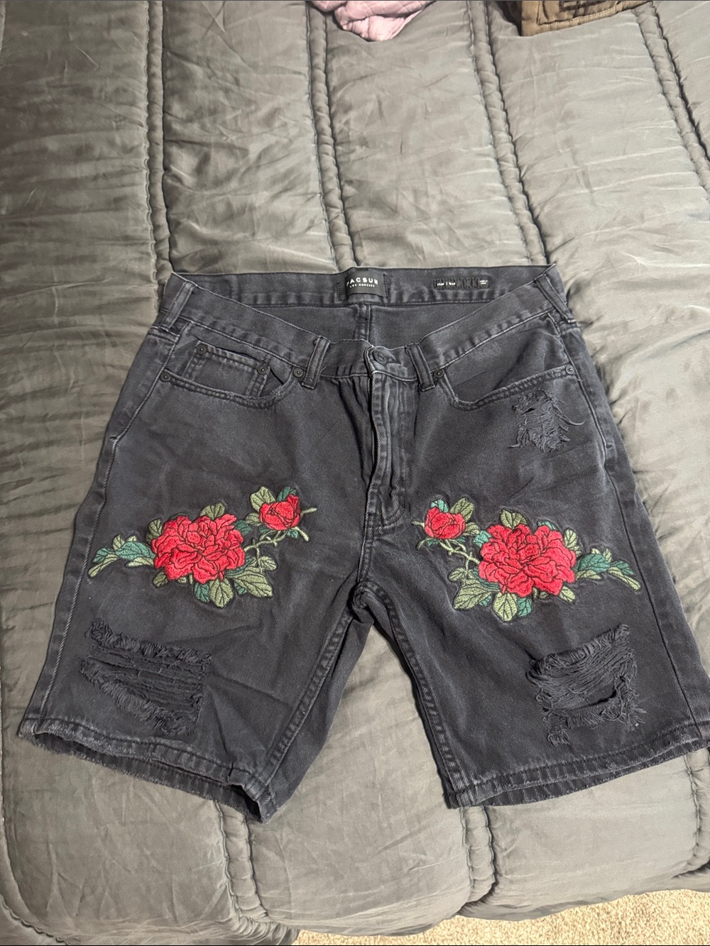 PacSun Black Denim Shorts with Red Rose Embroidery